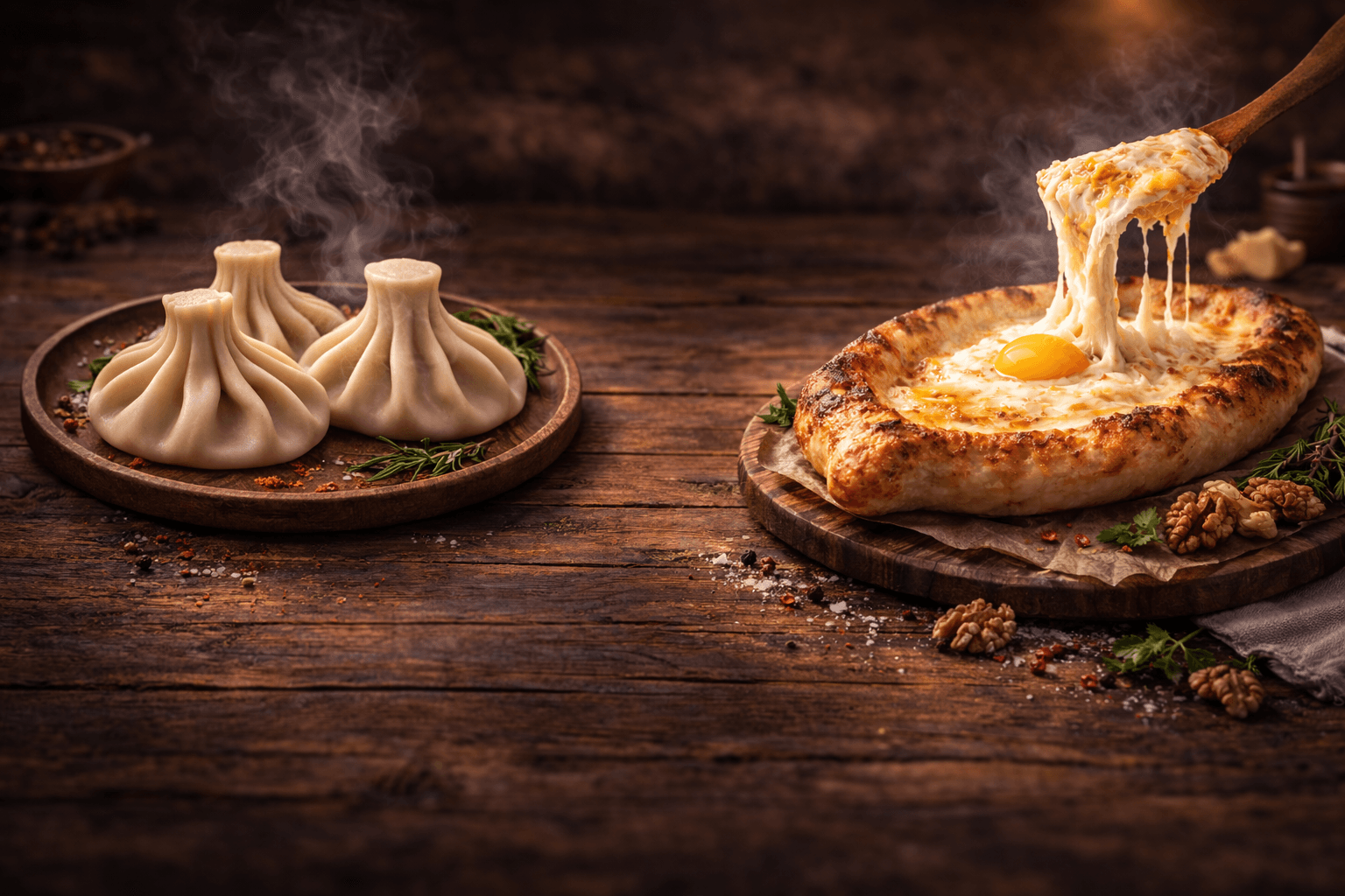 GE-FOOD hero banner showing khinkali and adjaruli khachapuri.